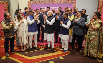 Prime Minister Narendra Modi being greeted by members of the Indian community in Accra. (PMO via PTI Photo) Prime Minister Narendra Modi being greeted by members of the Indian community in Accra. (PMO via PTI Photo)