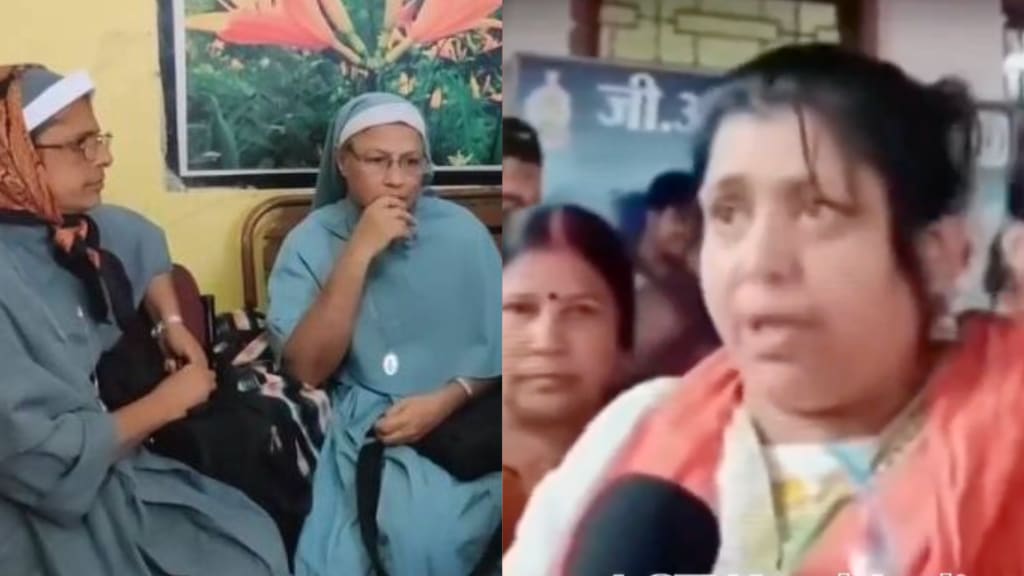 Bajrang Dal’s Jyoti Sharma turns to one of the nuns from Kerala, who were arrested by GRP in Chhattisgarh and says, “Bol na? Nahin to mai muh tod dungi. Mai bata deti hun [Speak up! Or else I’ll break your face. I’m warning you].”