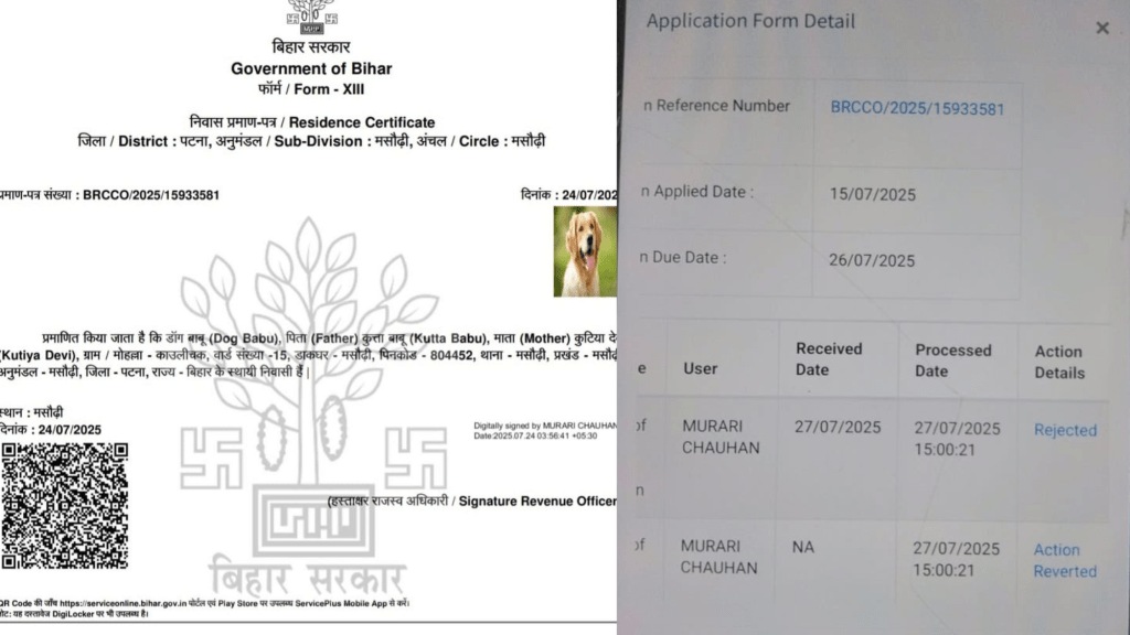 The certificate, which has a watermark of the Bihar government and was generated through the state’s RTPS portal, reads, “It is proven that ‘Dog Babu’ of Mohalla Kaulichak, Ward No 15, Nagar Parishad Masaurhi, Patna, is a permanent resident.” The certificate, which has a watermark of the Bihar government and was generated through the state’s RTPS portal, reads, “It is proven that ‘Dog Babu’ of Mohalla Kaulichak, Ward No 15, Nagar Parishad Masaurhi, Patna, is a permanent resident.”