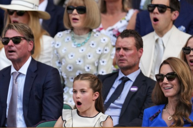 Kate, Princess of Wales, and Princess Charlotte react from the Royal Box while watching the men’s singles final between Jannik Sinner and Carlos Alcaraz at Wimbledon. (Photo: AP)