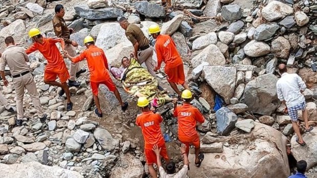 Rescue operation underway at a flood-affected area, in Mandi district, Sunday, July 6, 2025. Fourteen people have died, and a search is on for 31 missing, as cloudbursts, flash floods, and landslides caused massive destruction in Himachal Pradesh. (PTI Photo)