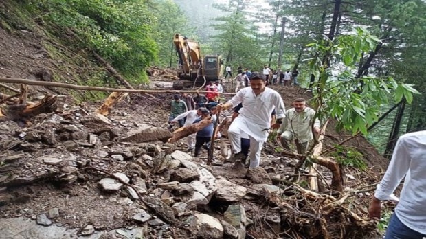 Himachal Pradesh PWD Minister Vikramaditya Singh visits the cloudburst-affected Seraj Valley, in Mandi on Saturday. (ANI Photo)