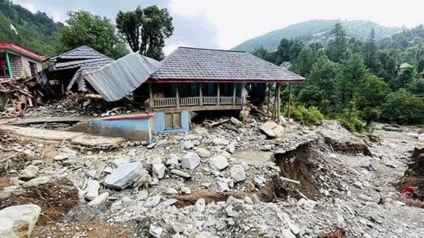 View of a damaged structure following cloudburst, in Mandi on Saturday. (ANI Photo)
