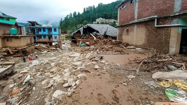 Damaged buildings at a residential area after heavy rainfall, in Mandi district, Saturday, July 5, 2025. (PTI Photo)