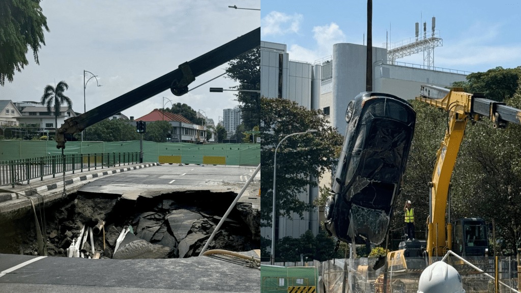 The woman was driving along Tanjong Katong Road South when a section of the road suddenly opened up, causing her and her car to fall into the sinkhole.