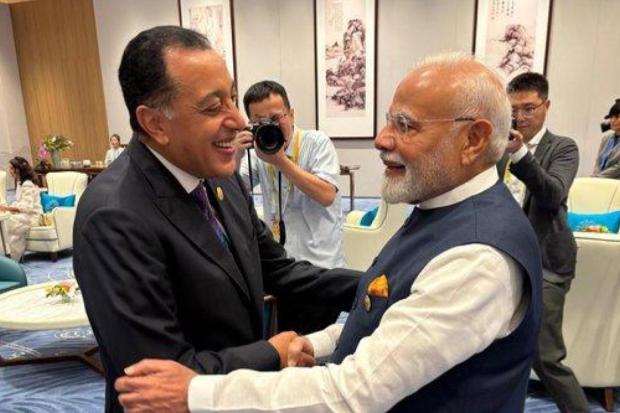 PM Mostafa Madbouly of Egypt at the SCO Summit meeting with PM Modi. He recalled PM’s visit to Egypt a few years ago. (Image Source: X/@narendramodi)