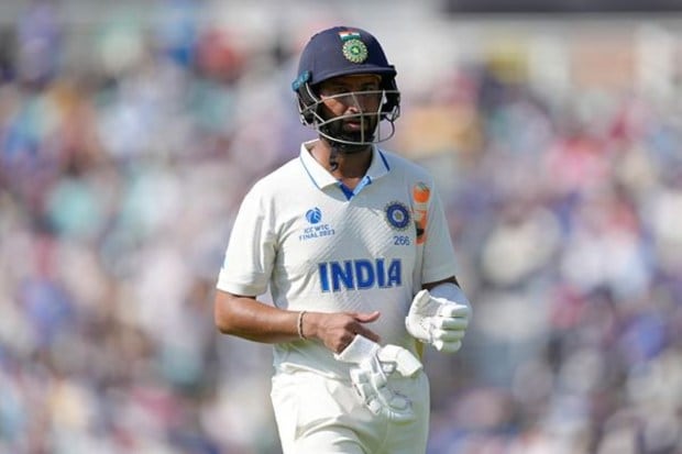 On Saturday, June 10, 2023, during the fourth day of the ICC World Test Championship Final at The Oval in London, Cheteshwar Pujara walked off the pitch after being caught behind off a delivery from Australia's Pat Cummins. (Image Source: AP)