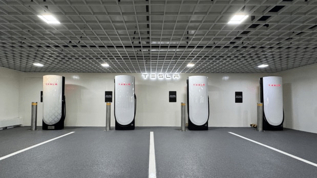 Four V4 Superchargers have been installed at the Aerocity site, offering the fastest charging speeds currently available for electric vehicles in India. (Photo Source: Official X handle Tesla_India)