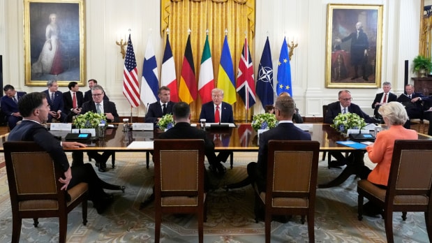 Donald Trump, centre, participates in a meeting with European counterparts, UK’s Keir Starmer, seated at the table from centre left, was accompanied by Emmanuel Macron, Giorgia Meloni, Friedrich Merz, and from foreground left, NATO Secretary General Mark Rutte, Volodymyr Zelenskyy, Finland's President Alexander Stubb, European Commission President Ursula von der Leyen. (Photo Source: Associated Press)