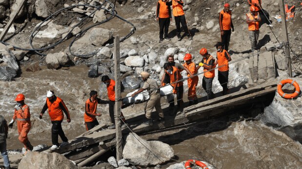  NDRF personnel coordinated a search and rescue operation in coordination with the local police after a flash flood triggered by a cloudburst at Chisoti village in Kishtwar district, Jammu and Kashmir, Saturday, Aug. 16, 2025. (Photo Source: PTI)