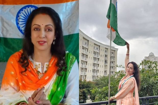 In a pre-recorded message, Hema Malini took to her Instagram account and shared many visuals of her celebrating this glorius day and also celebrated the 'Har Ghar Tiranga' campaign at her home. (Image: Instagram)