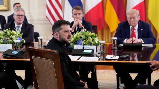 Ukraine's President Volodymyr Zelenskyy speaks as British Prime Minister Keir Starmer, seated from background left, France's President Emmanuel Macron and President Donald Trump listen during a meeting in the East Room of the White House, Monday, Aug. 18, 2025, in Washington. (Photo Source: Associated Press)