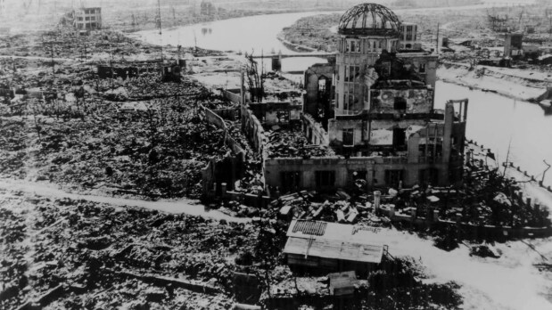 An undated handout image released by the Hiroshima Peace Memorial Museum of the Hiroshima A-bomb Dome, originally the Hiroshima Prefectural Industrial Promotion Hall, photographed by the US military following the atomic bomb drop on Hiroshima. (Photo Source: Hiroshima Peace Memorial Museum)