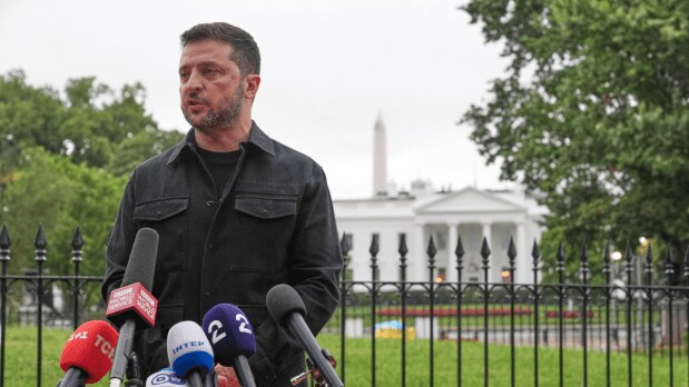 Following the meeting, Ukraine's President Volodymyr Zelenskyy spoke to the press in Lafayette Park, across from the White House. Zelenskyy remarked that the visit had been comparatively more productive than his previous meetings with Trump. (Photo Source: Associated Press)