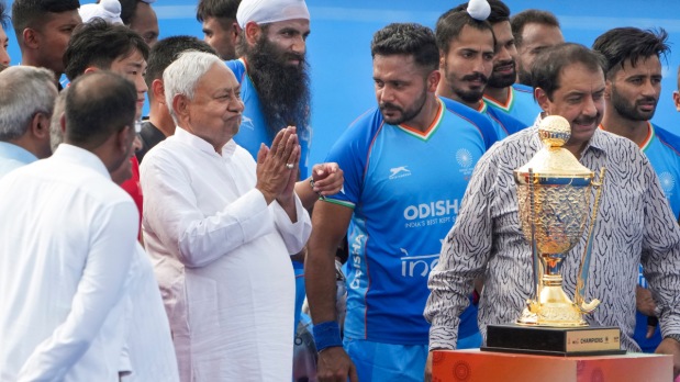 Bihar Chief Minister Nitish Kumar with India’s captain Harmanpreet Singh, Jarmanpreet Singh and others before a Men's Hockey Asia Cup 2025 match between India and China, in Rajgir, Bihar, on Friday. (Photo Source: PTI)