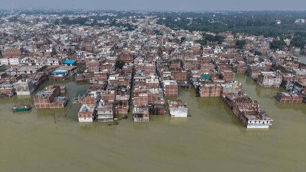 A drone captures an aerial view of the Chota Baghada area amid floods, in Prayagraj, Uttar Pradesh. (Photo Source: PTI)