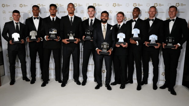  PFA team of the year: Matz Sels (Nottingham Forest), Virgil Van Dijk (Liverpool), William Saliba (Arsenal), Milos Kerkez (Bournemouth), Gabriel Magalhaes (Arsenal), Declan Rice (Arsenal) Ryan Gravenberch (Liverpool), Alexis Mac Allister (Liverpool), Mohamed Salah (Liverpool), Alexander Isak (Newcastle) and Chris Wood (Nottingham Forest). (Photo Source: Associated Press)