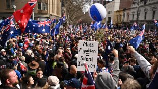 Protestors gather during the March for Australia anti-immigration rally in Melbourne. (AAP Image via AP)