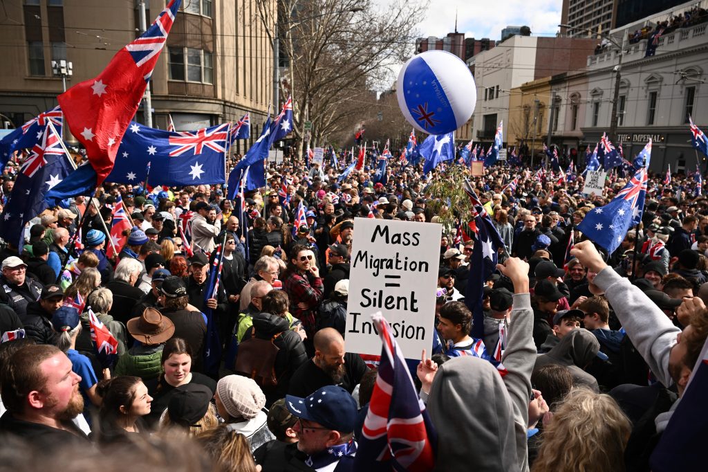 Protestors gather during the March for Australia anti-immigration rally in Melbourne. (AAP Image via AP)