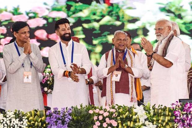 Prime Minister Narendra Modi, Union Ministers Jitan Ram Manjhi and Chirag Paswan and Union Minister of State Nityanand Rai during a public meeting, in Gayaji. (Photo source: PTI)
