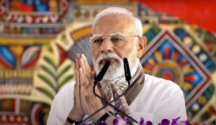**EDS: THIRD PARTY IMAGE** In this screengrab from a video posted on Aug. 22, 2025, Prime Minister Narendra Modi addresses a public meeting, in Gayaji, Bihar. (@NarendraModi via PTI Photo) (PTI08_22_2025_000061A)