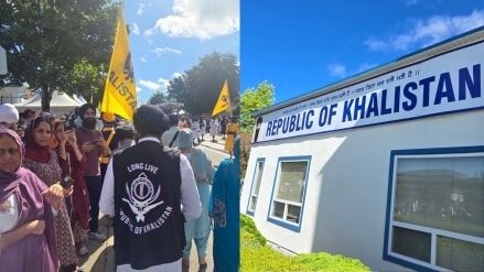 The structure has the words “Republic of Khalistan” displayed prominently over a white and blue structure with a yellow flag atop. The structure has the words “Republic of Khalistan” displayed prominently over a white and blue structure with a yellow flag atop.