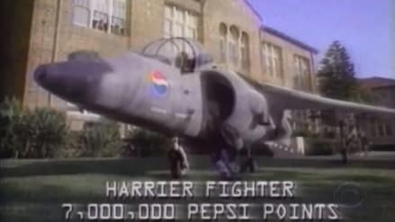 In the ad, a teenager lands a Harrier fighter jet outside his school with onscreen text stating the aircraft could be redeemed for 7 million Pepsi Points.