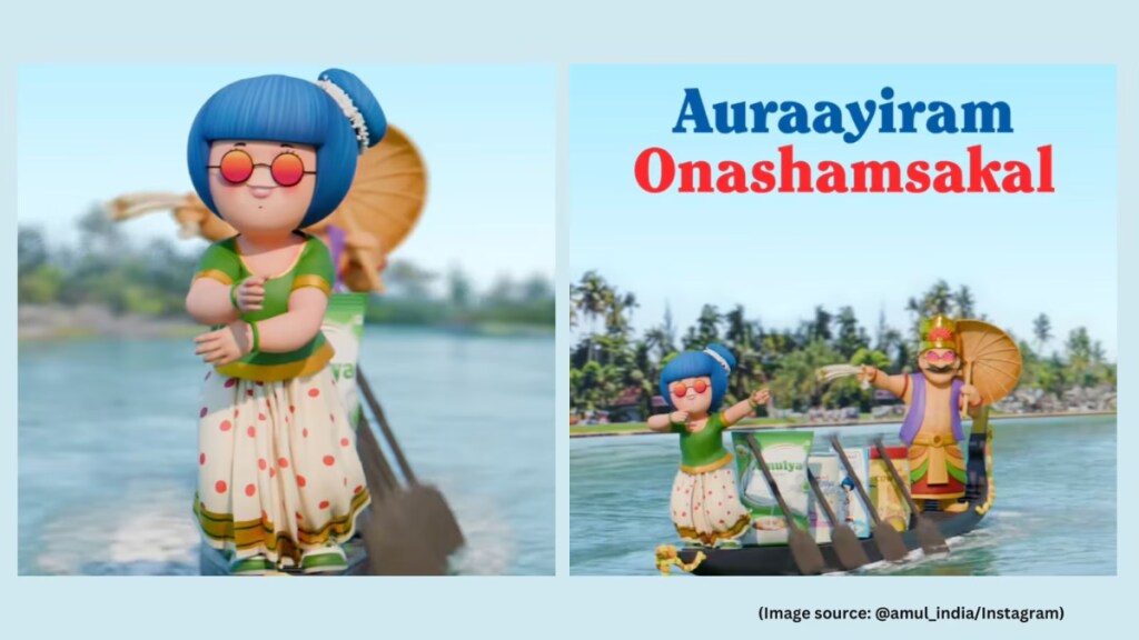 Set against the backdrop of Kerala’s backwaters, the creative incorporates familiar Onam symbols.