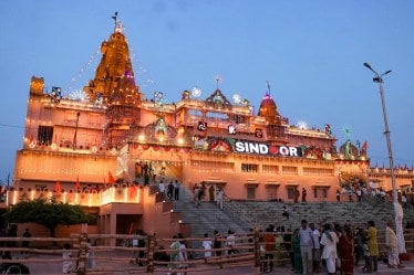 Sri Krishna Janmasthan Temple illuminated ahead of the ‘Janmashtami’ festival, in Mathura, Uttar Pradesh. (Image source: PTI)