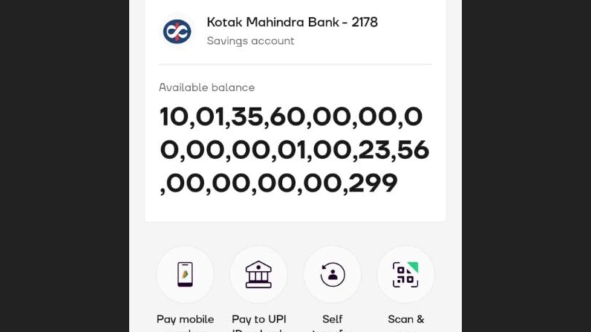 A screenshot of the savings bank account has since gone viral on social media. It says, “Available balance Rs 10,01,35,60,00,00,00,00,00,01,00,23,56,00,00,00,00,299.”