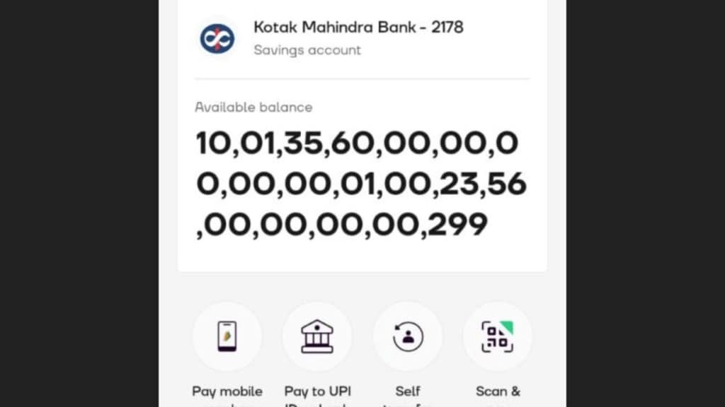 A screenshot of the savings bank account has since gone viral on social media. It says, “Available balance Rs 10,01,35,60,00,00,00,00,00,01,00,23,56,00,00,00,00,299.”