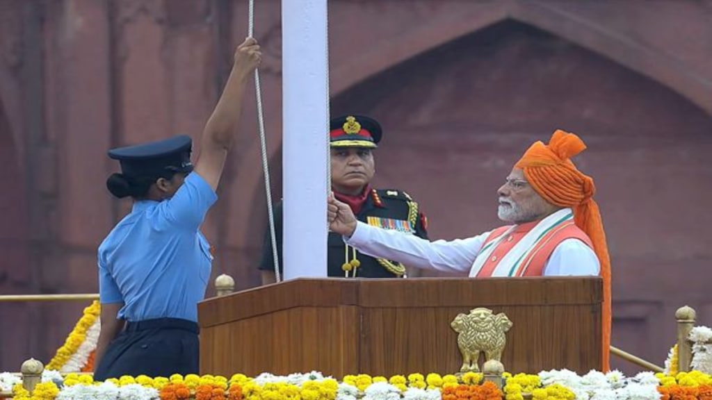 Prime Minister Narendra Modi hoists the national flag during the 79th Independence Day celebration at the Red Fort, in New Delhi, Friday, Aug. 15, 2025. Prime Minister Narendra Modi hoists the national flag during the 79th Independence Day celebration at the Red Fort, in New Delhi, Friday, Aug. 15, 2025.