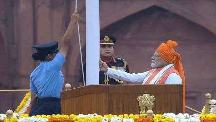Prime Minister Narendra Modi hoists the national flag during the 79th Independence Day celebration at the Red Fort, in New Delhi, Friday, Aug. 15, 2025.