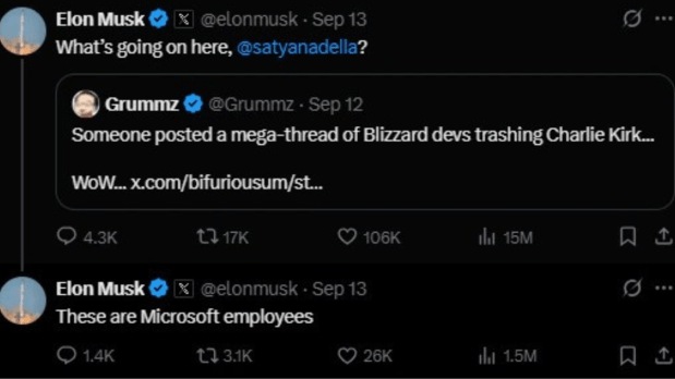 Charlie Kirk murder: Elon Musk questions Satya Nadella over Microsoft Staff’s reaction to Charlie Kirk assassination