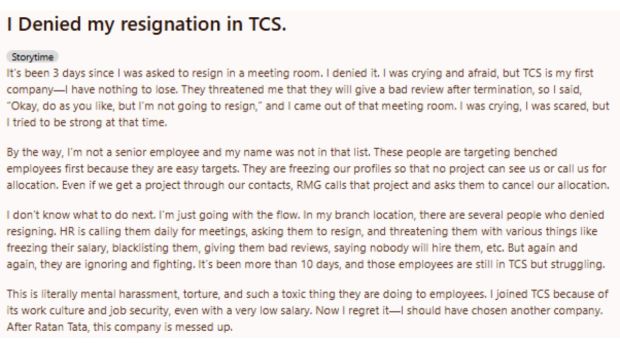 ‘They asked me to resign, I denied,’ says TCS employee in viral post, ‘exposes’ workplace struggles