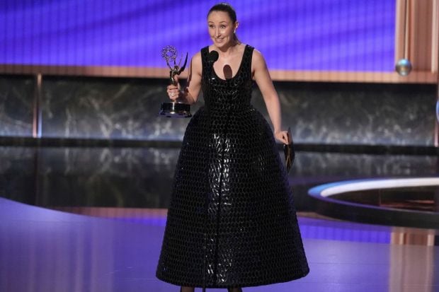 This 'Adolescence' star, Erin Doherty, wore this teacup-shaped custom Louis Vuitton gown with  3D embellished silk mousseline, lurex, and virgin wool felted by hand, designed by Nicolas Ghesquière. (Image: AP)