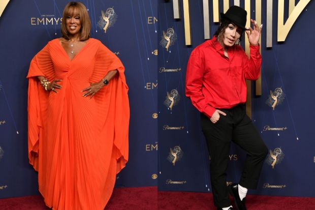 Gayle King decided to stand out in orange, embracing the bright colours. But Kori King's Michael Jackson look did not seem to impress fans. (Image: AP)