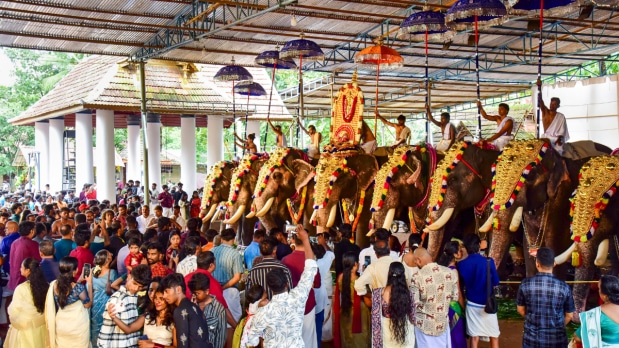  People gather near caparisoned elephants during Onam festival celebrations, at Thrikkakara Vamanamoorthy Temple, in Kochi, Thursday, Sept. 4, 2025. (Photo Source: PTI)
