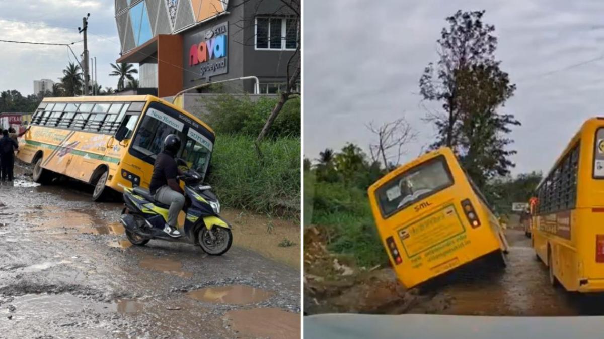 Bengaluru, School Bus, Tilts, Topples, Student, Potholes, bengaluru, bengaluru news, karnataka, karnataka news, balagere road, panathur road, panathur balagere, whitefield, bangalore, bangalore road, bangalore news Bengaluru, School Bus, Tilts, Topples, Student, Potholes, bengaluru, bengaluru news, karnataka, karnataka news, balagere road, panathur road, panathur balagere, whitefield, bangalore, bangalore road, bangalore news
