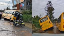 Bengaluru: Video shows bus carrying 20 school kids tilt dangerously after front tire gets stuck in pothole