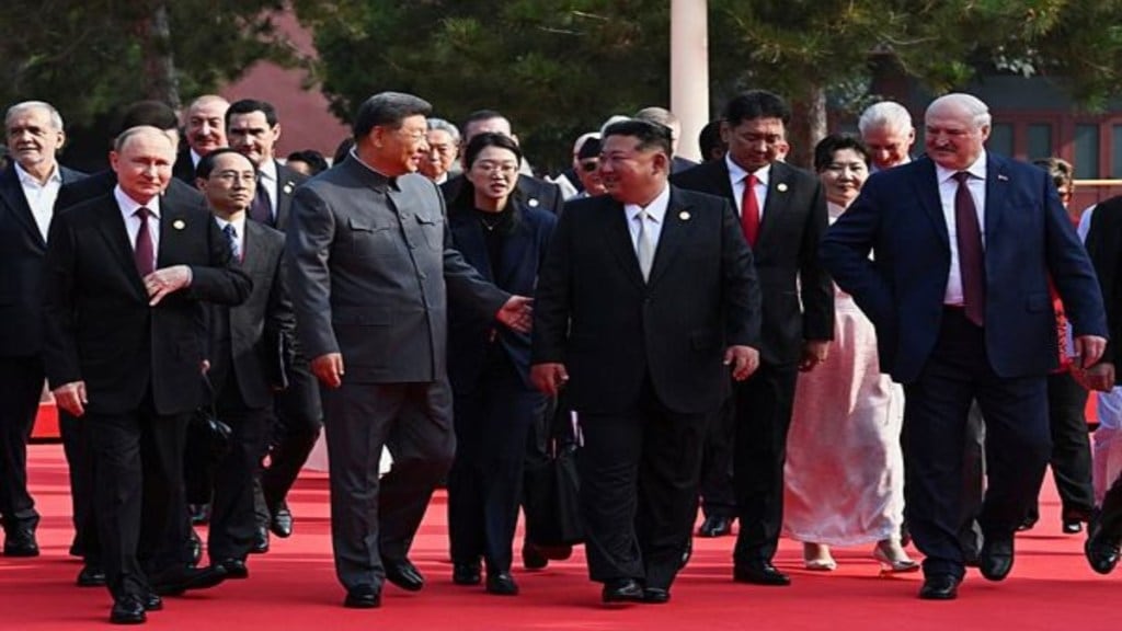 Front from left, Russian President Vladimir Putin, Chinese President Xi Jinping, North Korean leader Kim Jong Un and Belarusian President Alexander Lukashenko arrive at a military parade to commemorate the 80th anniversary of Japan's World War II surrender in Beijing, China, Wednesday, Sept. 3, 2025. (Sergei Bobylev, Sputnik, Kremlin Pool Photo via AP)