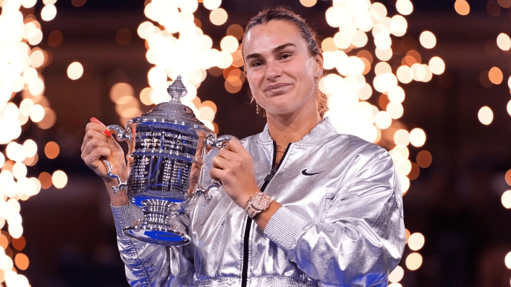 Aryna Sabalenka, of Belarus, holds her trophy aftyer defeating Amanda Anisimova, of the United States, after the women's finals of the U.S. Open tennis championships on Saturday. Aryna Sabalenka, of Belarus, holds her trophy aftyer defeating Amanda Anisimova, of the United States, after the women's finals of the U.S. Open tennis championships on Saturday.