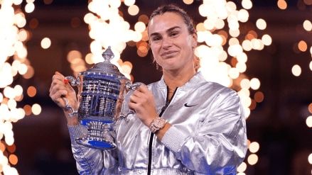 Aryna Sabalenka, of Belarus, holds her trophy aftyer defeating Amanda Anisimova, of the United States, after the women's finals of the U.S. Open tennis championships on Saturday. Aryna Sabalenka, of Belarus, holds her trophy aftyer defeating Amanda Anisimova, of the United States, after the women's finals of the U.S. Open tennis championships on Saturday.