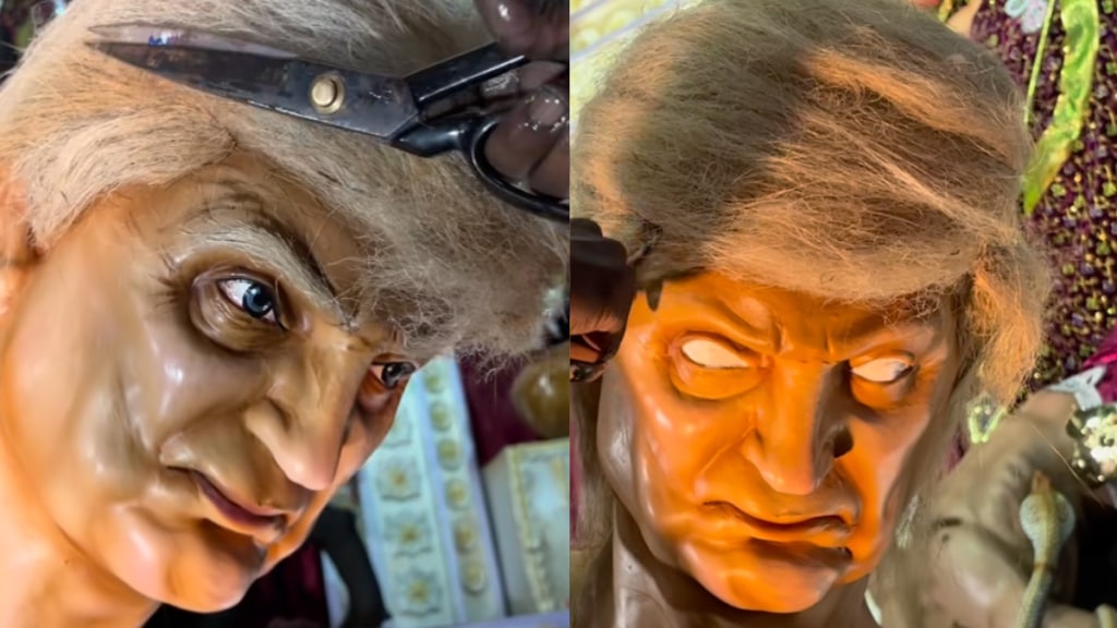 US President Donald Trump has been depicted as “Asura” at a Durga Puja pandal in West Bengal. While some interpreted as a bold political move, others are unhappy and have urged to keep Puja separate from politics. US President Donald Trump has been depicted as “Asura” at a Durga Puja pandal in West Bengal. While some interpreted as a bold political move, others are unhappy and have urged to keep Puja separate from politics.