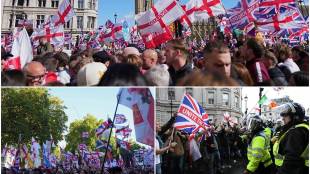 25 arrested for violent clashes as over 110,000 join anti-immigration rally in London.