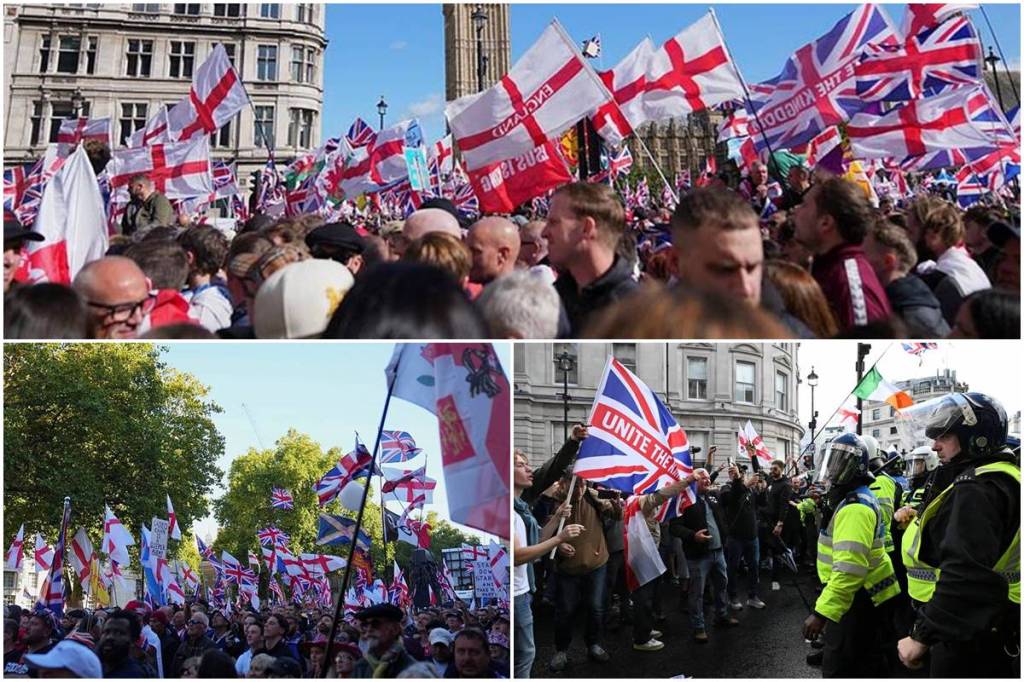 25 arrested for violent clashes as over 110,000 join anti-immigration rally in London.