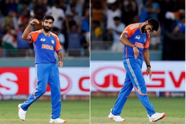 India's Jasprit Bumrah celebrates the wicket of Pakistan's Haris Rauf. (AP)
