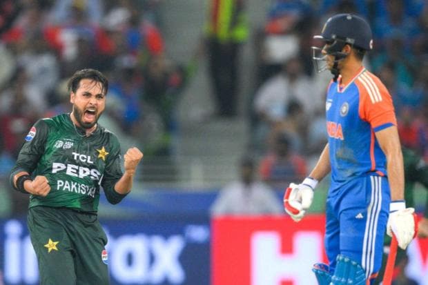 Pakistan's Faheem Ashraf celebrates after taking the catch to dismiss India's Abhishek Sharma. (ANI)