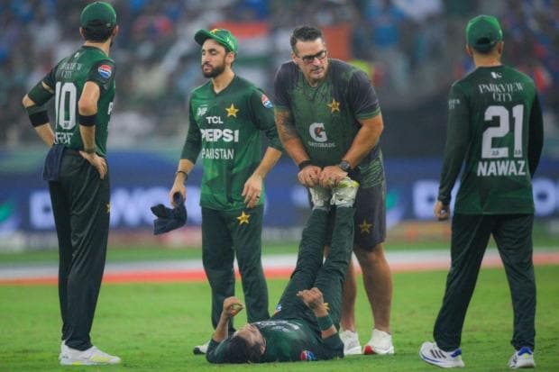 Pakistan's Faheem Ashraf gets the attention of a physio during the Asia Cup cricket final. (AP)