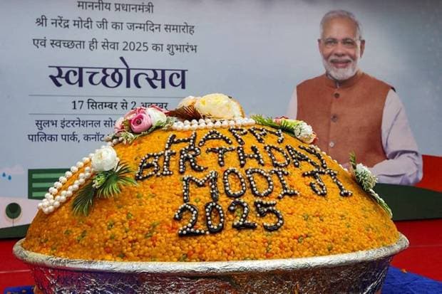 A 75-kg jumbo ‘laddoo’ unveiled by Sulabh International on the occasion of Prime Minister Narendra Modi’s birthday, at Palika Park, in New Delhi. (Photo source: PTI)